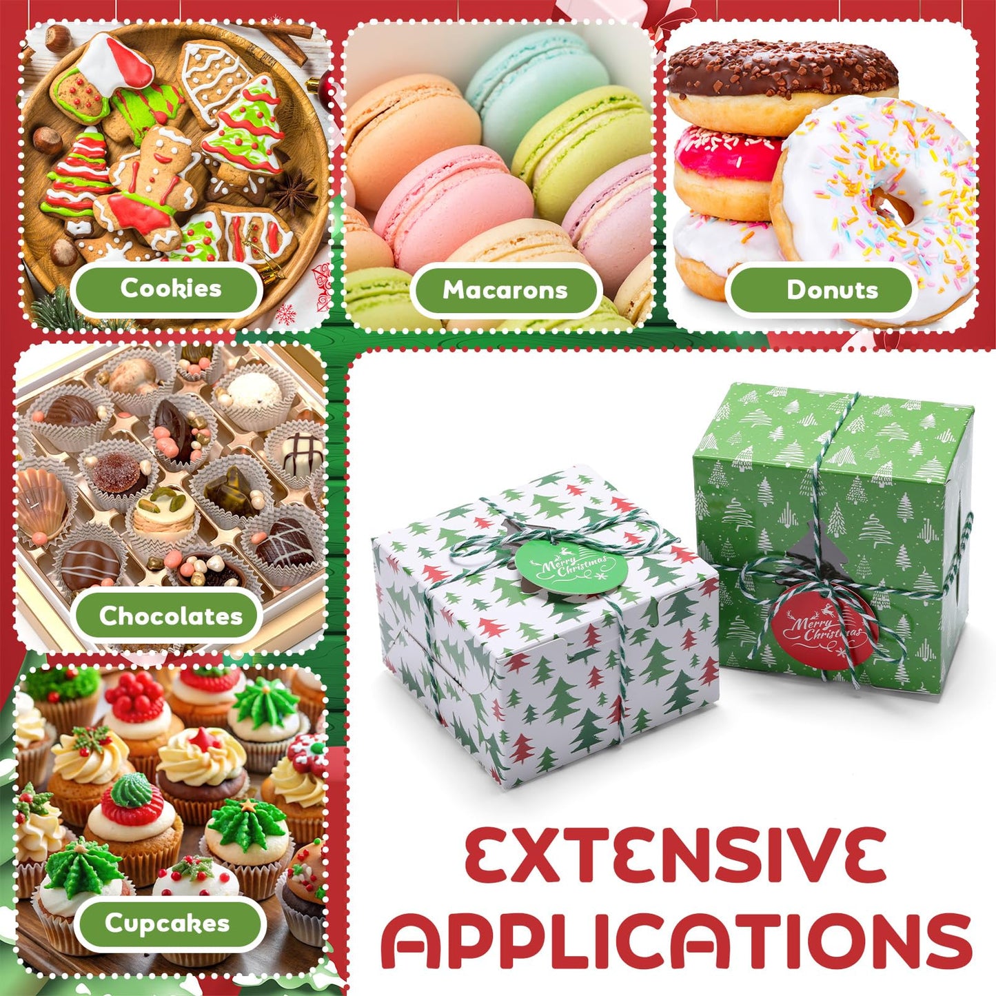 Glenmal 100 Set Christmas Bakery Cookie Boxes Cupcake Containers with Christmas Tree Window Xmas Day Cupcake Candy Goody Treat Gift Boxes with Cotton Rope Label for Xmas Party Favors Supplies