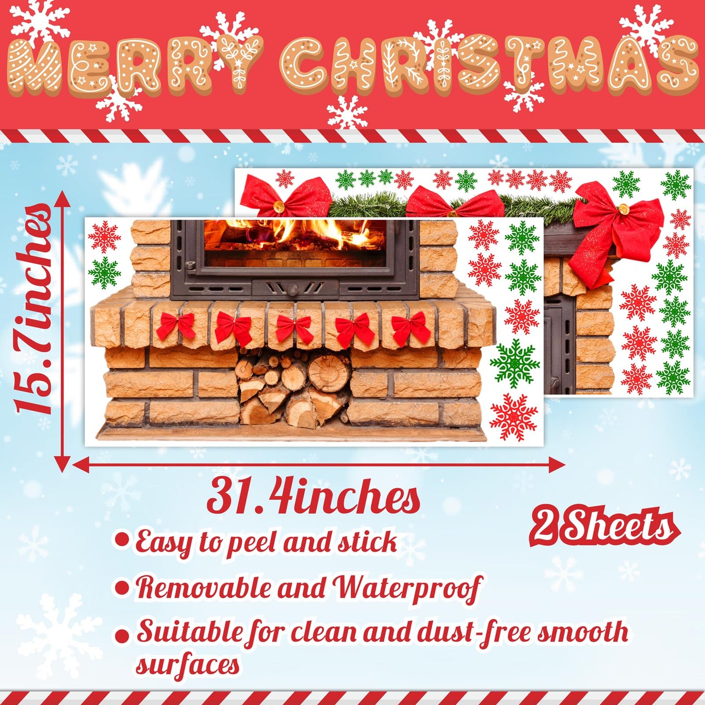 Large Christmas Wall Stickers Christmas Wall Decoration Vinyl Decals Realistic Bow Fireplace Decal for Walls Peel and Stick Indoor Snowflakes Xmas Art Murals for Living Room Holiday Party Supplies