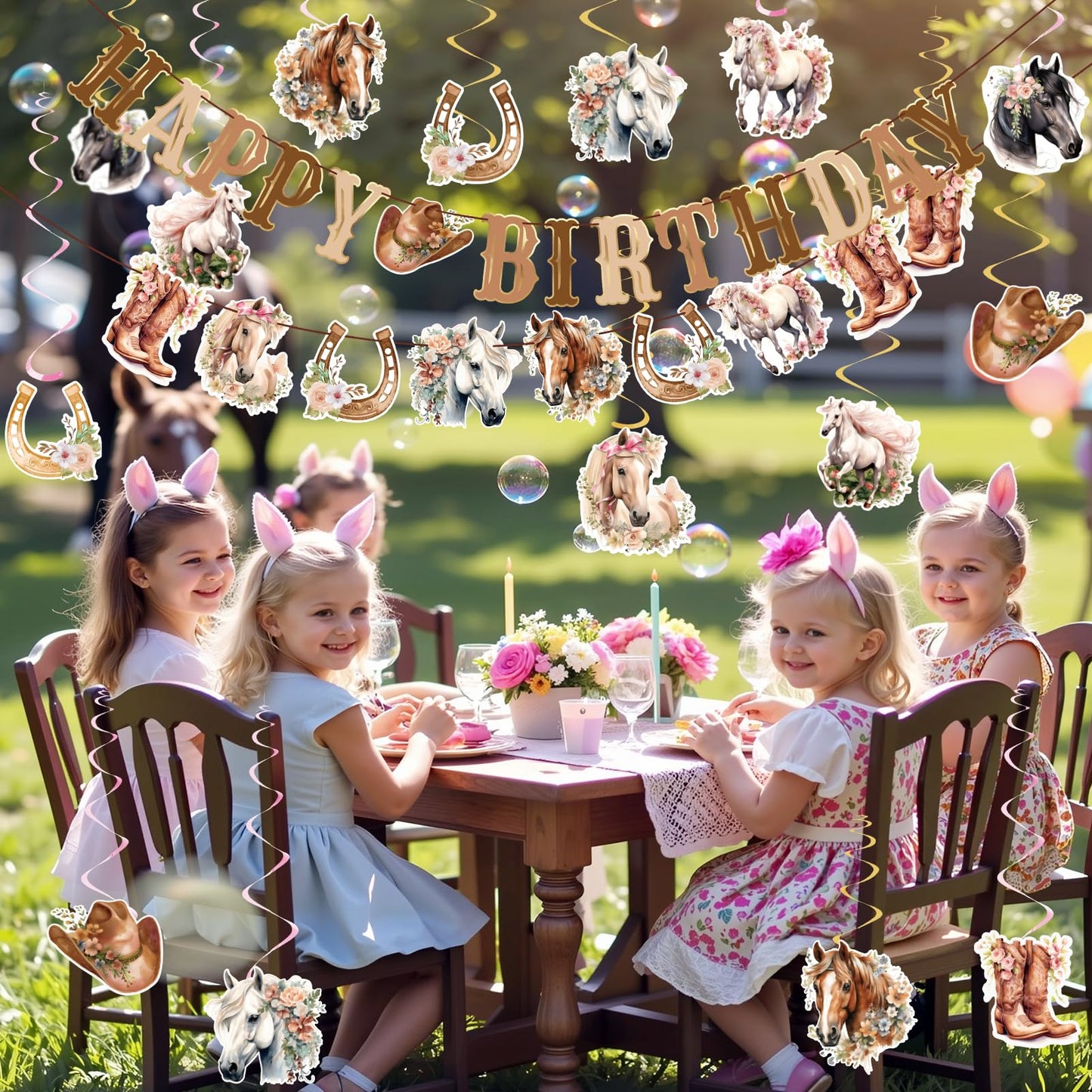OBBOLO Horse Birthday Decorations for Girls, Brown and Pink Horse Cowgirl Party Decorations with Cowgirl Hanging Swirls, Happy Birthday Banners, Western Party for Women