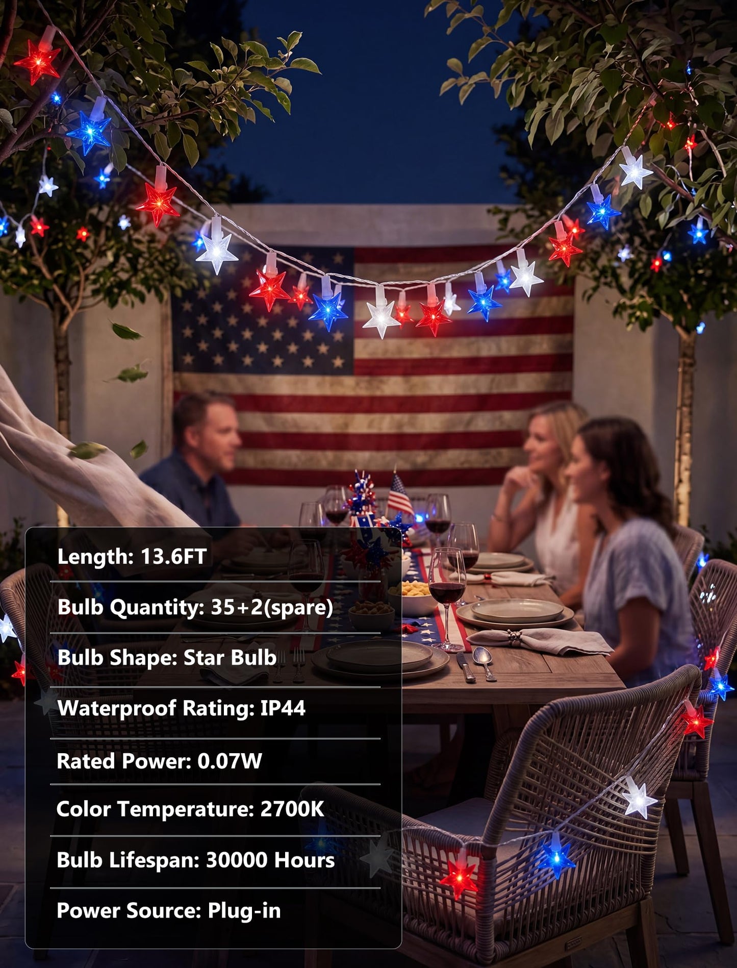 13.6Ft Red White and Blue Star String Lights, 35 LED Patriotic Lights for Flag Day 4th of July Decorations, Waterproof Plug in Fairy Lights for Indoor Outdoor Fence Backyard Patio Independence Day