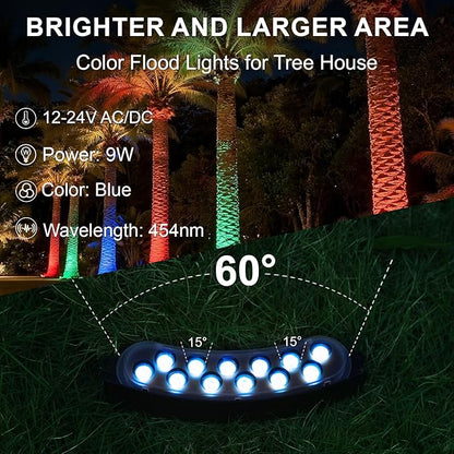 Low Voltage Landscape Flood Lights, Bule Light 9W 12V Wired Outdoor LED Color Floodlights for Uplighting Palm Tree House Flag Wall Washer, Super Bright, Unique Design, Aluminum, Black, 6Pack
