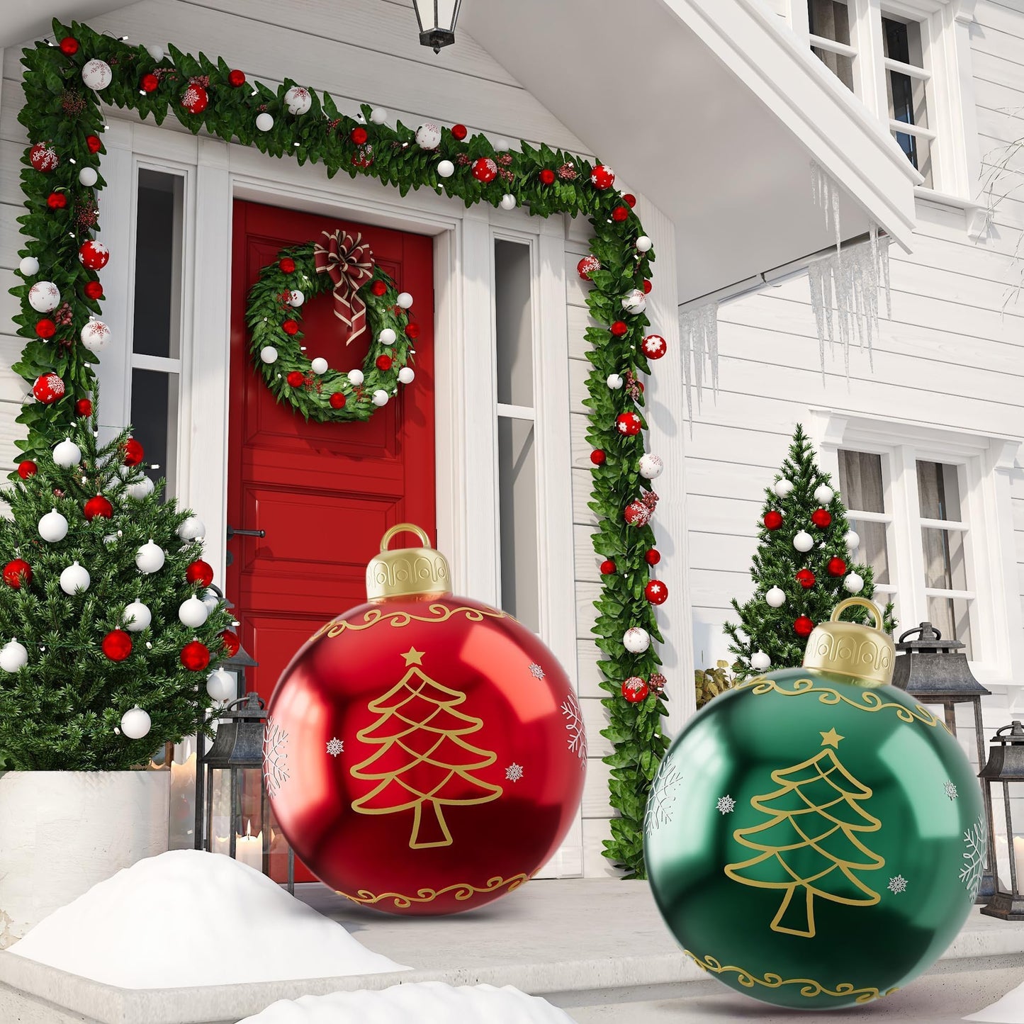 2PCS 24 Inch Inflatable Christmas Ornaments Balls, PVC Giant Blow up Christmas Ornaments, Blow up Jumbo Xmas Balls Outdoor Jumbo Ornament for Outside Holiday Yard Lawn Decor(Red Green Tree)