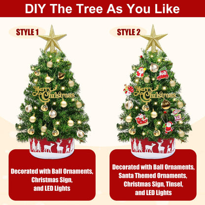 Grandeal 24" /2FT Mini Christmas Tree with Lights Timer 30 LEDs & 34 Ornaments, Small Tabletop Christmas Trees Artificial Christmas Decorations for Indoor Desk Room Office Home Decor Xmas
