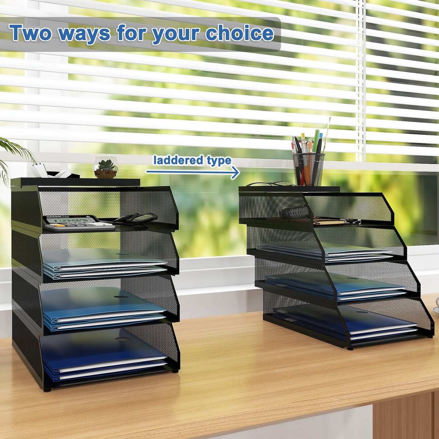 Natwind 4-Tier Paper Organizers,Desk Organizer,Stackable Paper Tray, Desk Accessories,Metal Mesh Desktop Organizer,Letter Trays,File Document Storage Rack for for Home, Office, School (Black)