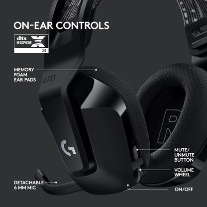 Logitech G733 Lightspeed Wireless Gaming Headset with Suspension Headband, LIGHTSYNC RGB, Blue VO!CE mic Technology and PRO-G Audio Drivers, Lightweight, 29 Hour Battery Life, 20m Range - Black