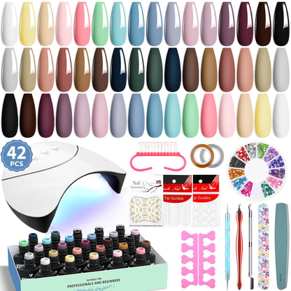 VANREESA 42 Pcs Gel Nail Polish Kit with U V Light 24 Popular Colors Gel Polish Nail Kit Green Blue Purple Pink Orange Complete Nail Kit with Manicure Tools Gifts for Women Girls