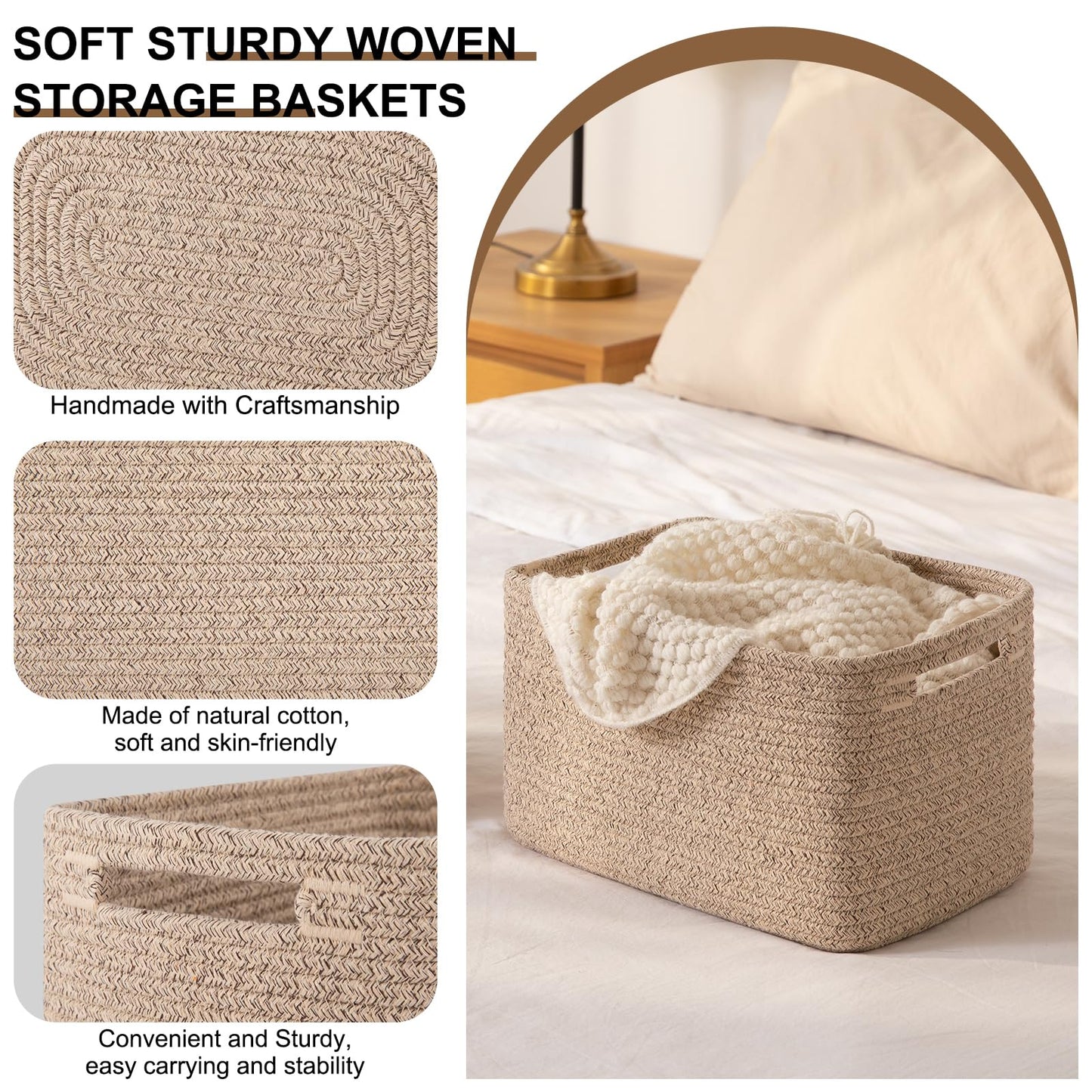OIASKET Storage Baskets for Organizing, Woven Decorative Baskets for Shelves - Books, Towels, and Clothes, Cotton Rope Toy Storage Bins, 12.7''Lx9''Wx7.8''H, Pack of 4, Brown