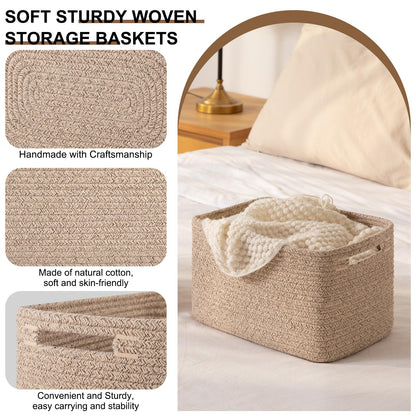 OIASKET Storage Baskets for Organizing, Woven Decorative Baskets for Shelves - Books, Towels, and Clothes, Cotton Rope Toy Storage Bins, 12.7''Lx9''Wx7.8''H, Pack of 4, Brown