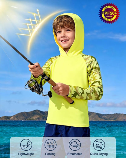 Boys Rash Guard Swim Hoodie - UPF 50+ UV Sun Protection Long Sleeve Fishing Shirt | Kids Water Shirt
