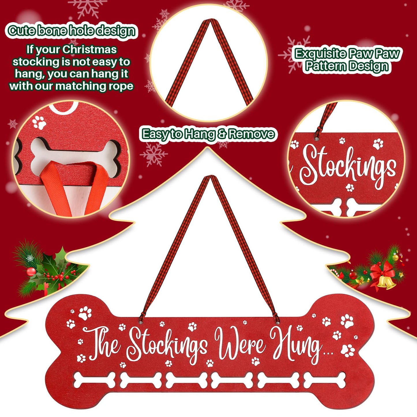 Bucherry 15.8 Inches Christmas Pet Stocking Holder for Dog Wall Mantle with 6 Hangers Wood Dog Bone Mantle Garland Stocking Holders for Christmas Decorations Xmas Holiday Supplies Fireplace Decor