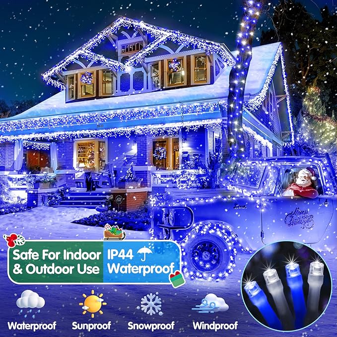 Heceltt Christmas Lights Outdoor, 125FT 350 LED String Lights 8 Modes and Timer Memory Function Twinkle Fairy Lights Waterproof Plug in for Xmas Tree Wedding Party Holiday Decor(Blue and White)
