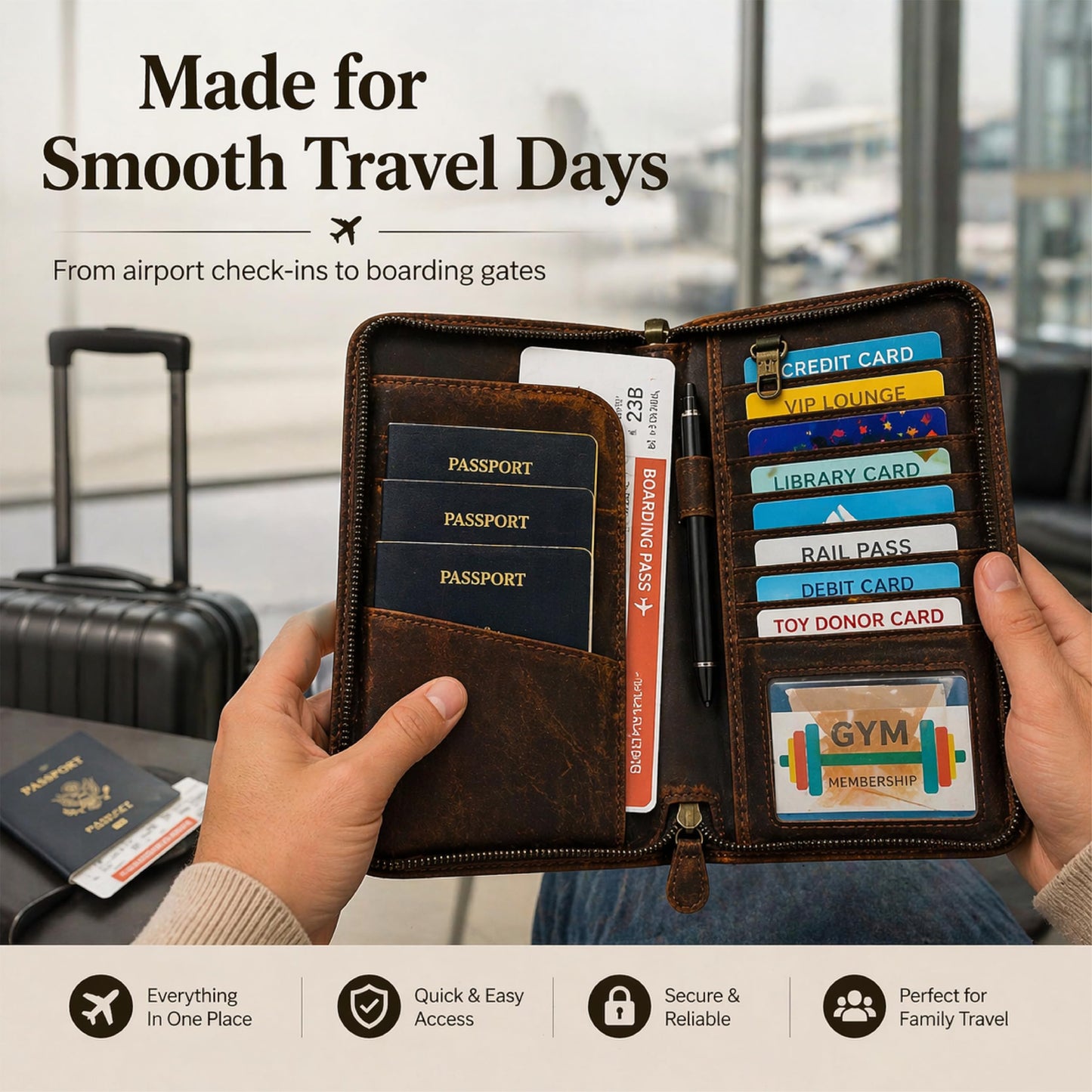 TheAntiq Brown Leather Family Passport Holder - Travel Document Organizer Wallet with Card Slots ID Window Zipper Closure for Multi Passport Storage Travel Use, 5 x 9