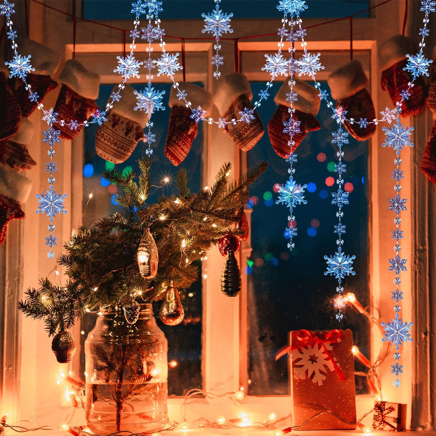 Lewtemi 32.8 Feet Acrylic Snowflake Garland Christmas Ornament Hanging Snow Flake Streamers for Winter Birthday Party Decorations Supplies Xmas Tree (Blue)
