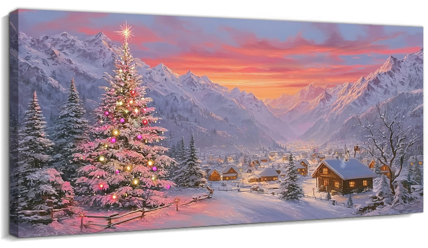 GUTTATY Christmas Canvas Wall Art, Santa Inspired Snow Scene Canvas Painting, Holiday Village Wall Decor, Festive Sunset Poster Print for Living Room, Bedroom, Indoor Christmas Decorations, 32x16 Inch
