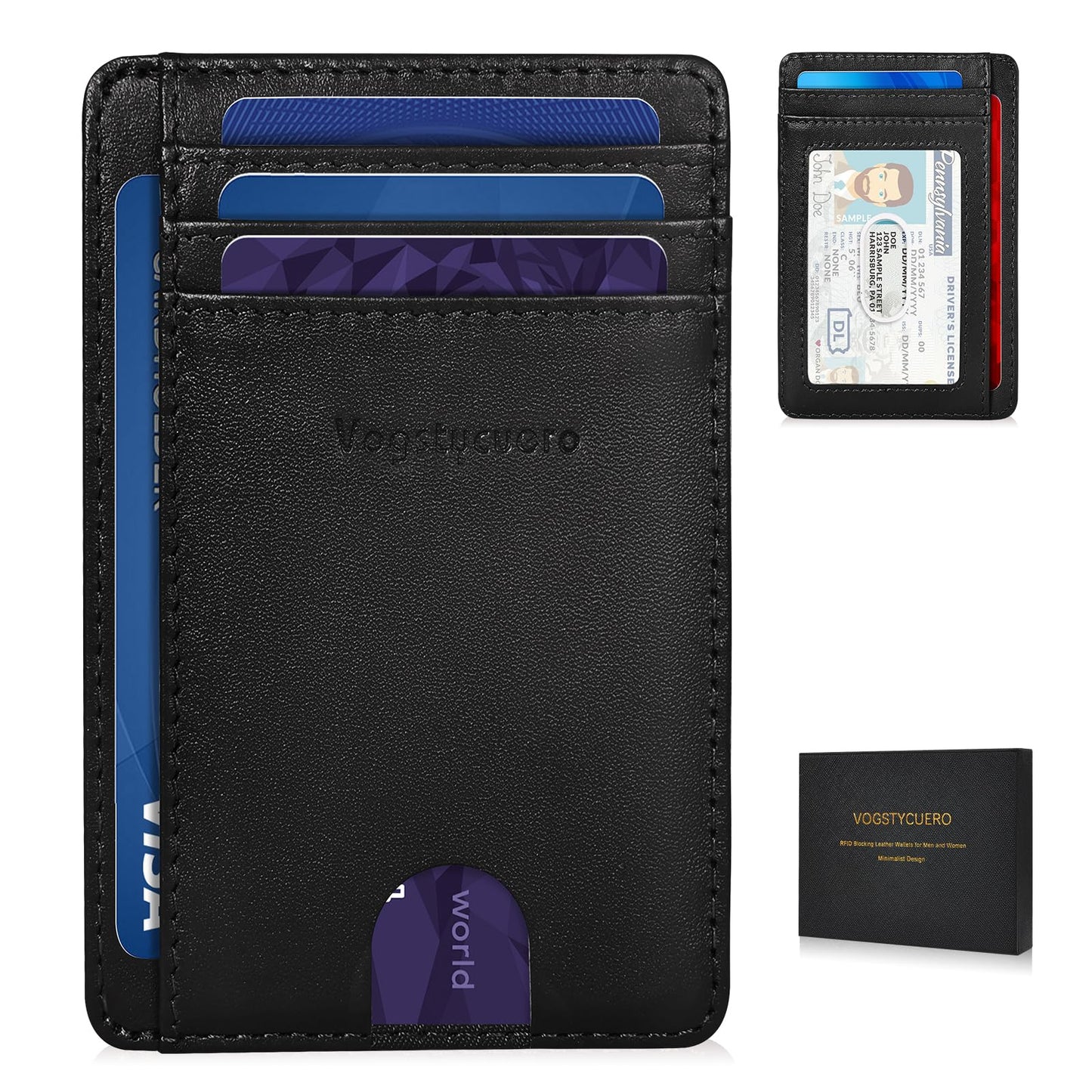 VOGSTYCUERO Slim Minimalist Front Pocket Thin Wallet RFID Blocking 100% Genuine Grain Leather Credit Card Holder for Men Women with Gift Box - Grain Leather Black