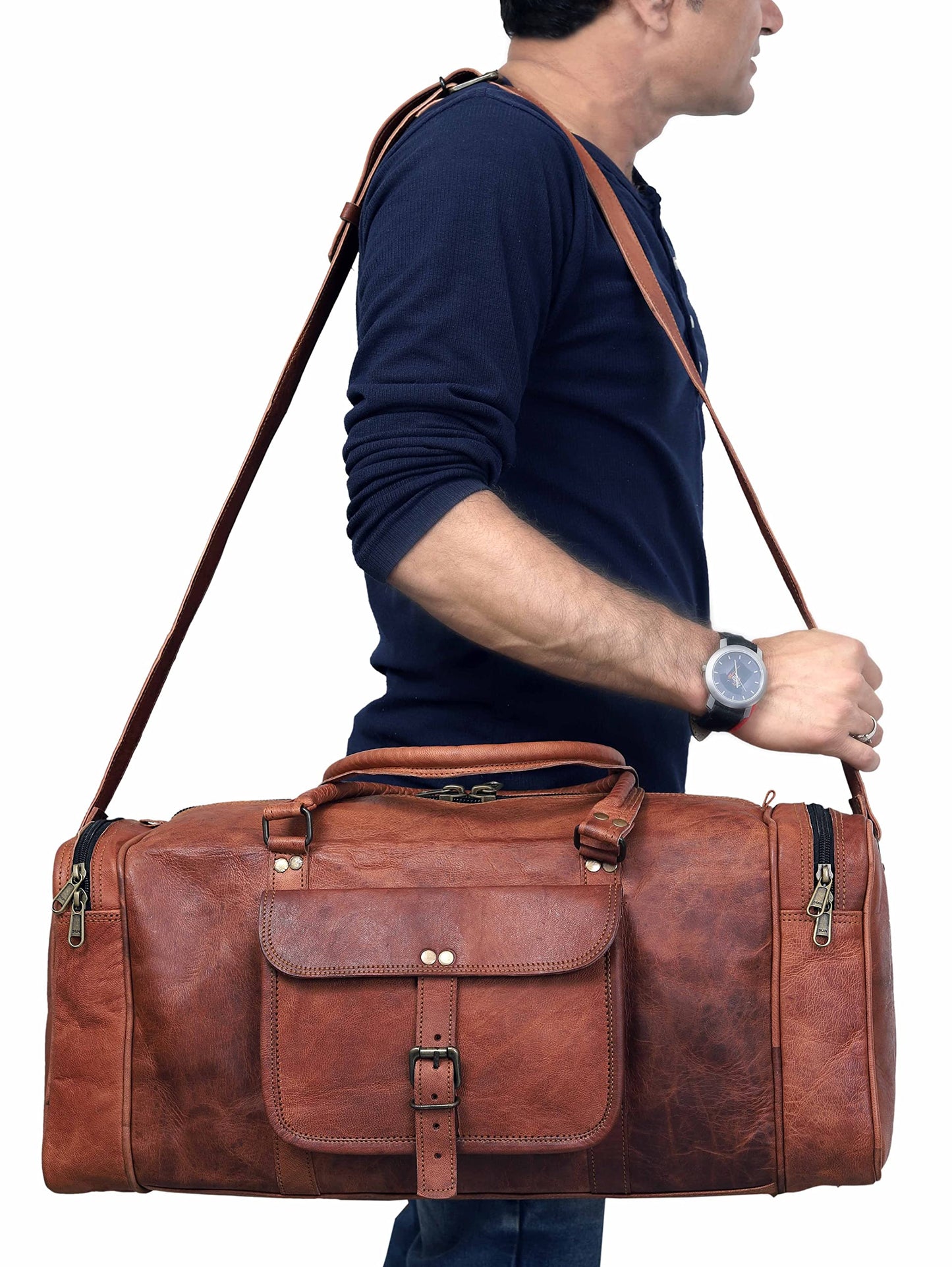 24 Inch Large Leather Duffel Travel Duffle Gym Sports Overnight Weekender Bag (brown)