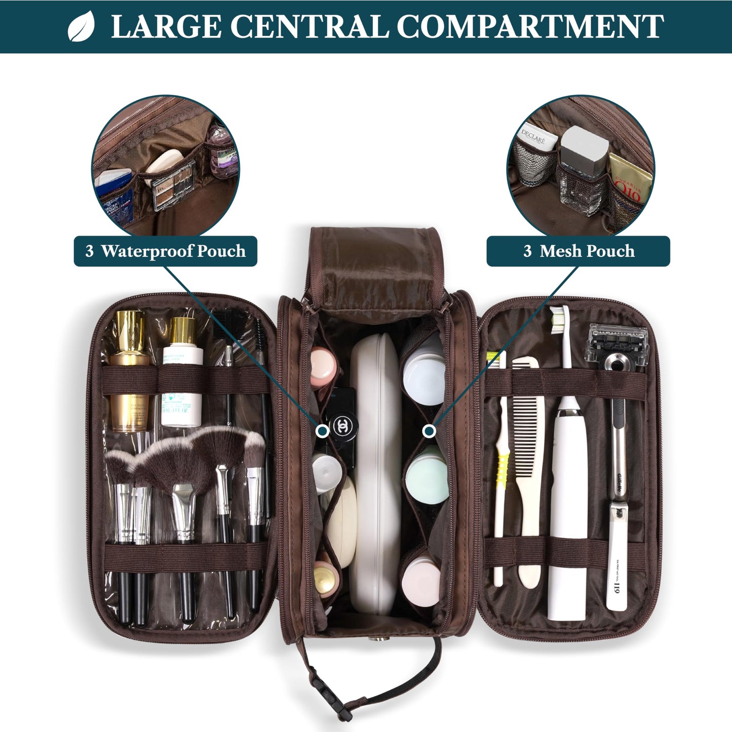 PAVILIA Toiletry Bag for Men, Hanging Travel Dopp Kit Organizer, PU Leather Water Resistant Bathroom Bag for Shaving Grooming, Large Capacity Cosmetic Bag Travel Essentials, Dark Brown