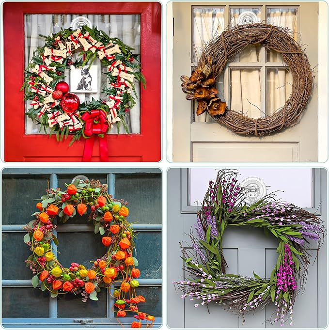 VIS'V Wreath Hanger, Large Suction Cup Wreath Hooks, Heavy Duty, 22 LB Capacity, Removable and Reusable, Clear, 8 Pcs