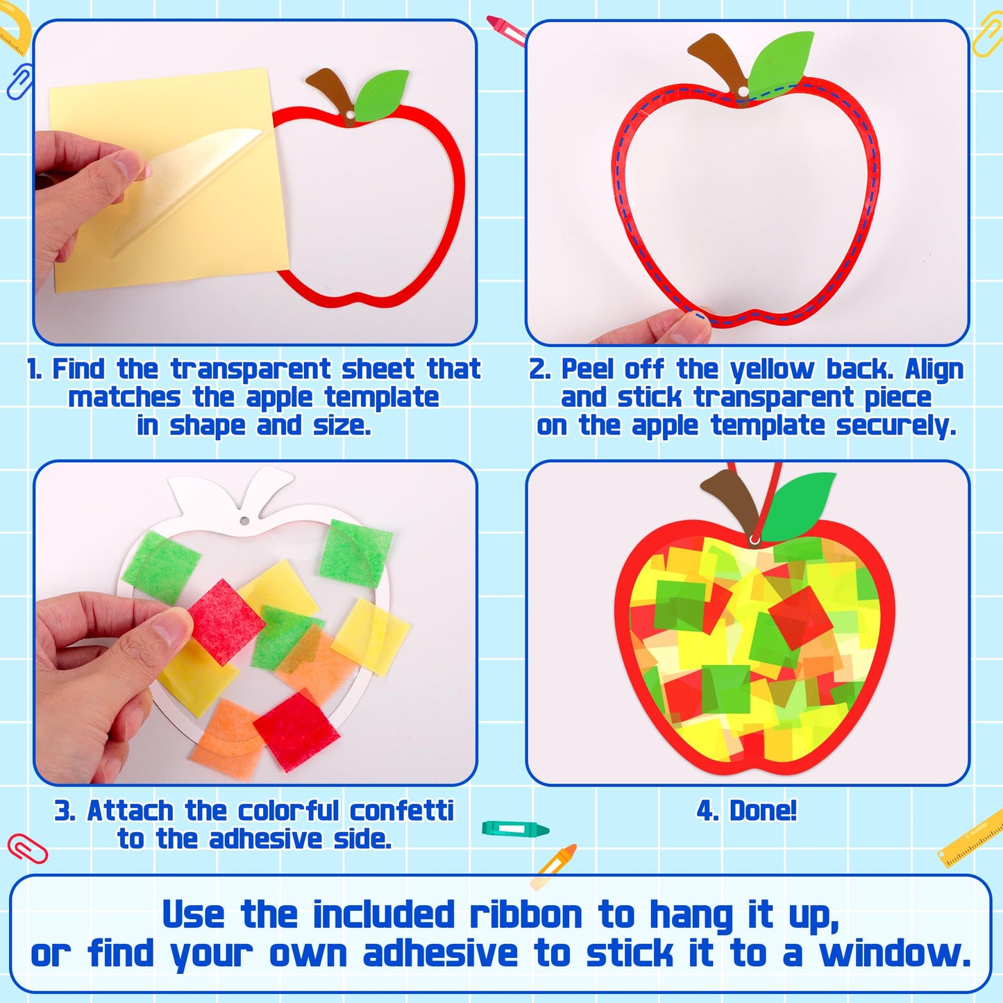 Renbuzhu 40PCS Back to School Apple-Shaped Crafts Bulk: Tissue Paper Sign Suncatchers, First Day of Classroom Activities DIY Kit, Fall Decorations, Window Stained Glass Effect Art Supplies