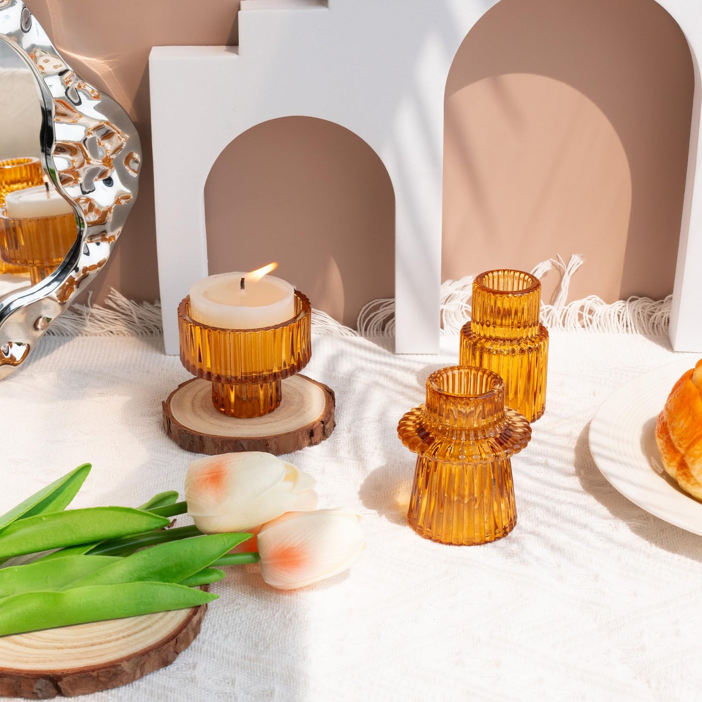 Toptime Candlestick Holders Set of 6, Ribbed Glass Taper Candle Holders, Reversible Amber Tealight & Candle Stick Candle Holder Vintage Crystal Tapered Candlestick for Wedding Dinner Party Festival