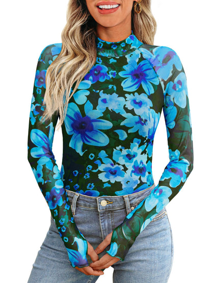 Dealmore Lace Sheer Long Sleeve Floral Mesh Mockneck Trendy Cute Going Out Tops for Women Fall Fashion Outfits 2025 Clothes