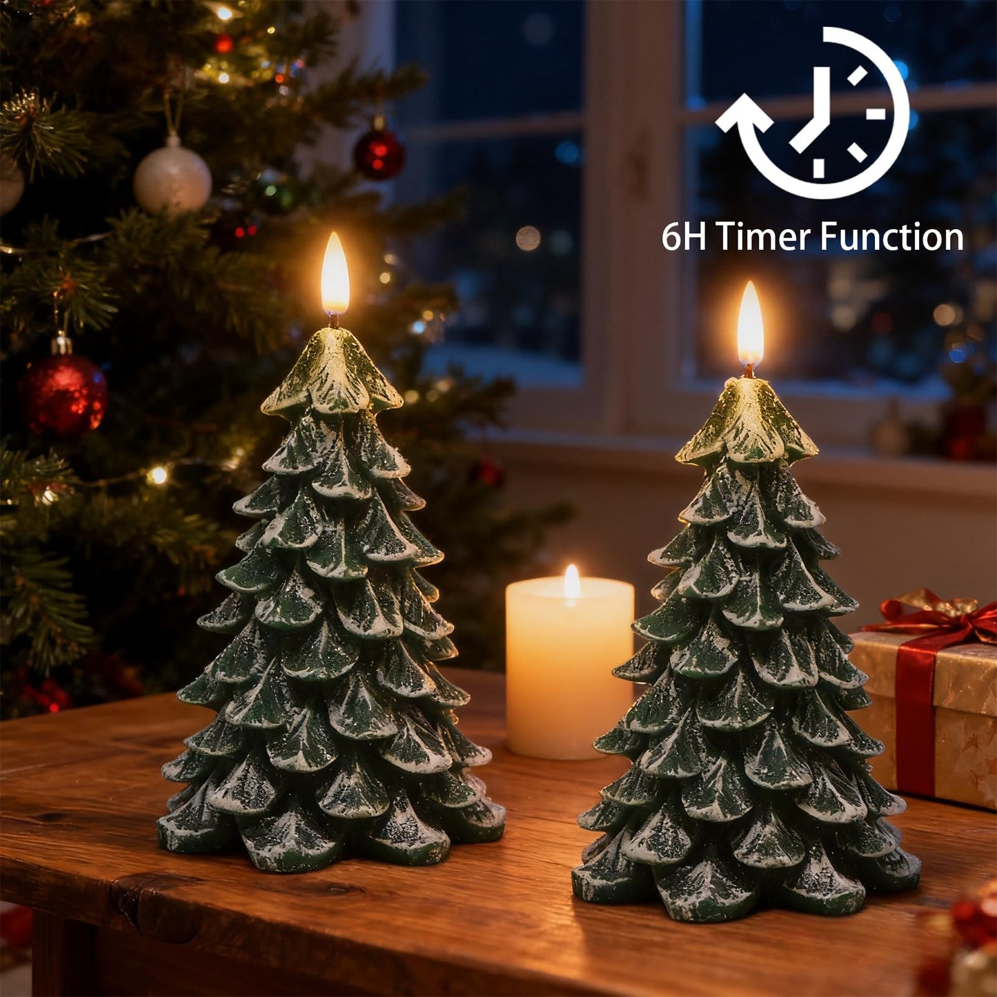 Wondise Christmas Tree Flameless Candles with 6H Timer, 2 Pcs Real Wax Battery Operated LED Candles Flickering, 3D Wick Green Electric Candles for Christmas Holiday Decorations