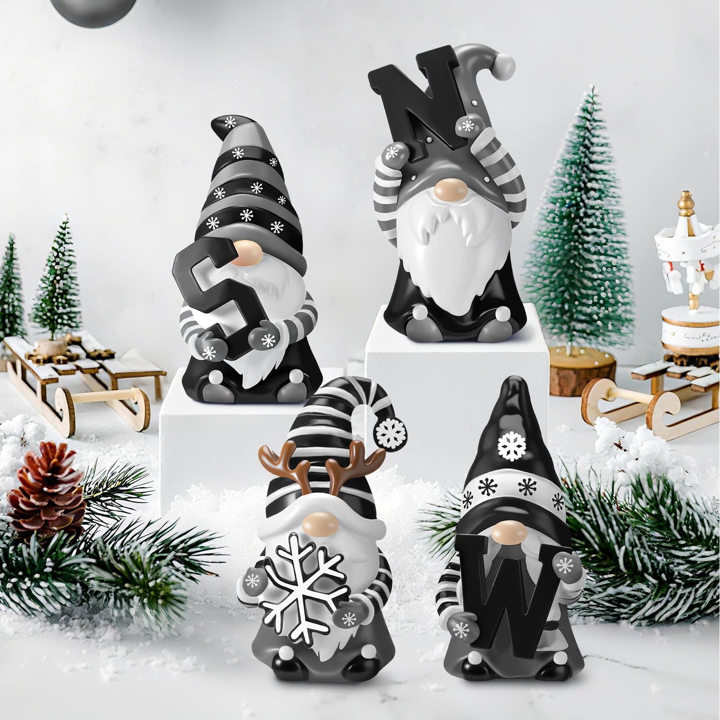ShinyRelief 4 Pcs Winter Figurines Resin Gnome Tabletop Snowflake Antlers Sculpture Decoration Winter Black White Centerpiece for Home Dining Room Party Supplies Gifts Decor