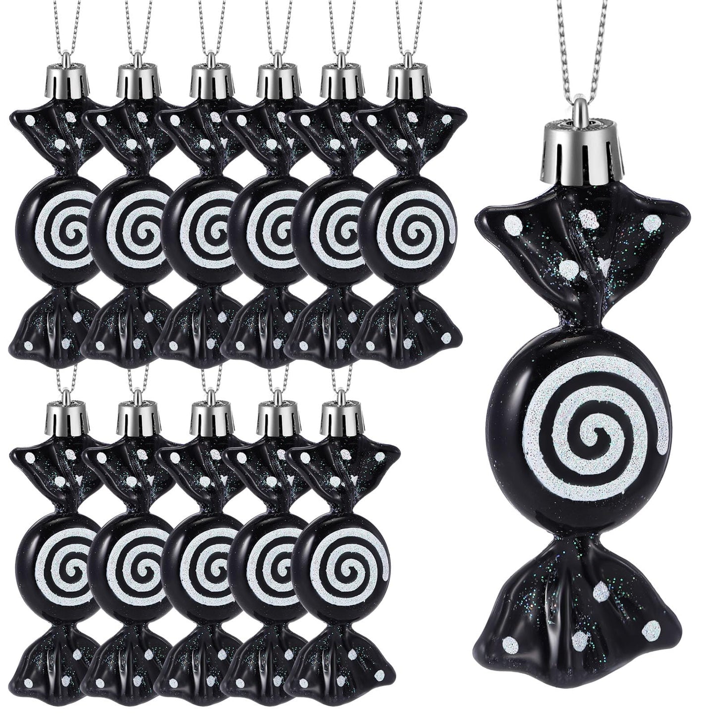 Threan 12 Pcs Christmas Candy Ornaments for Tree Decoration Hanging Glitter Candy Cane Christmas Peppermint Ornament with Golden Rope for Xmas Holiday Decoration(Black,Plastic)