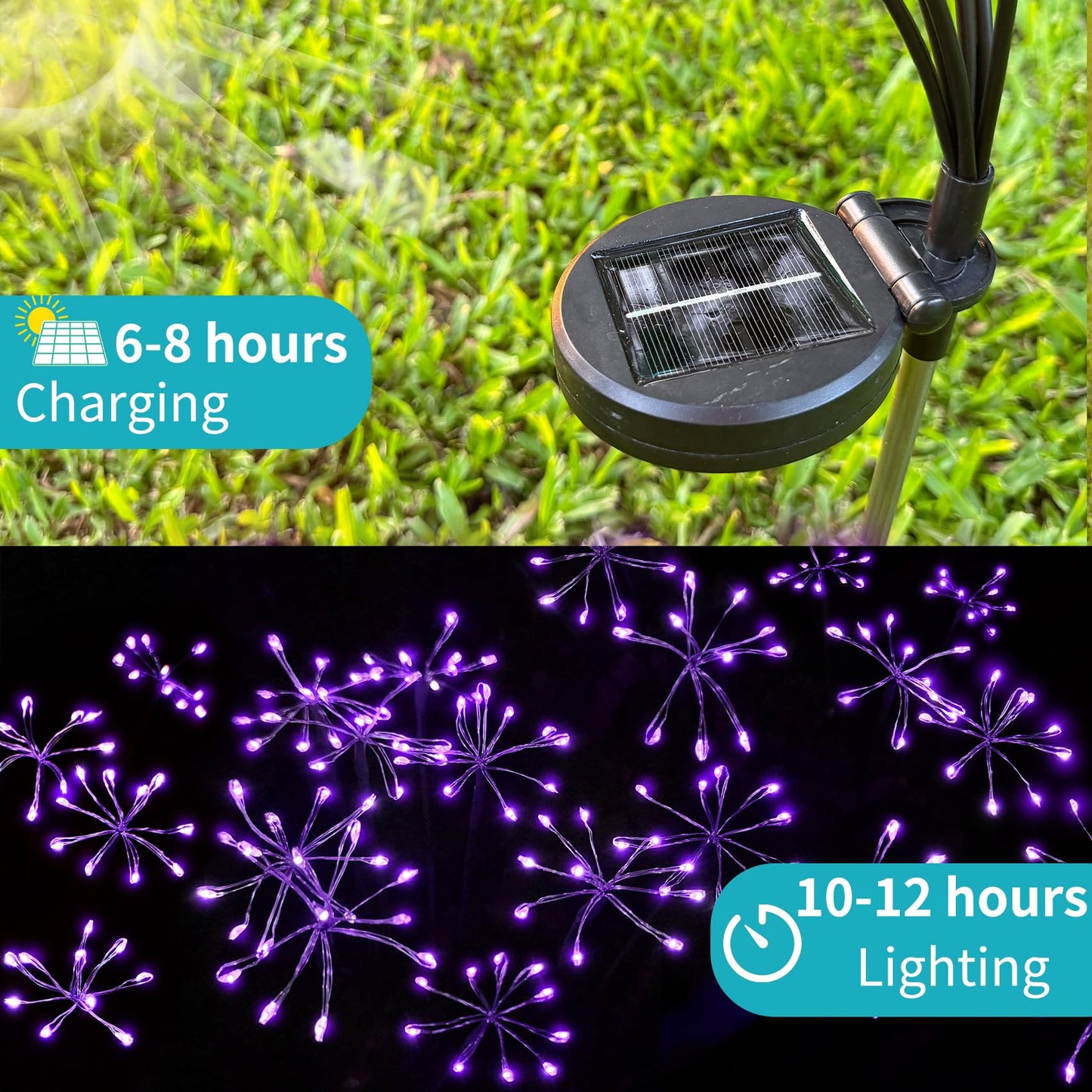 JJGoo Solar Garden Lights, New Upgraded 2 Pack Solar Swaying Starburst Light, Waterproof Fireworks Outdoor Lights, Yard Patio Pathway Decoration, Purple