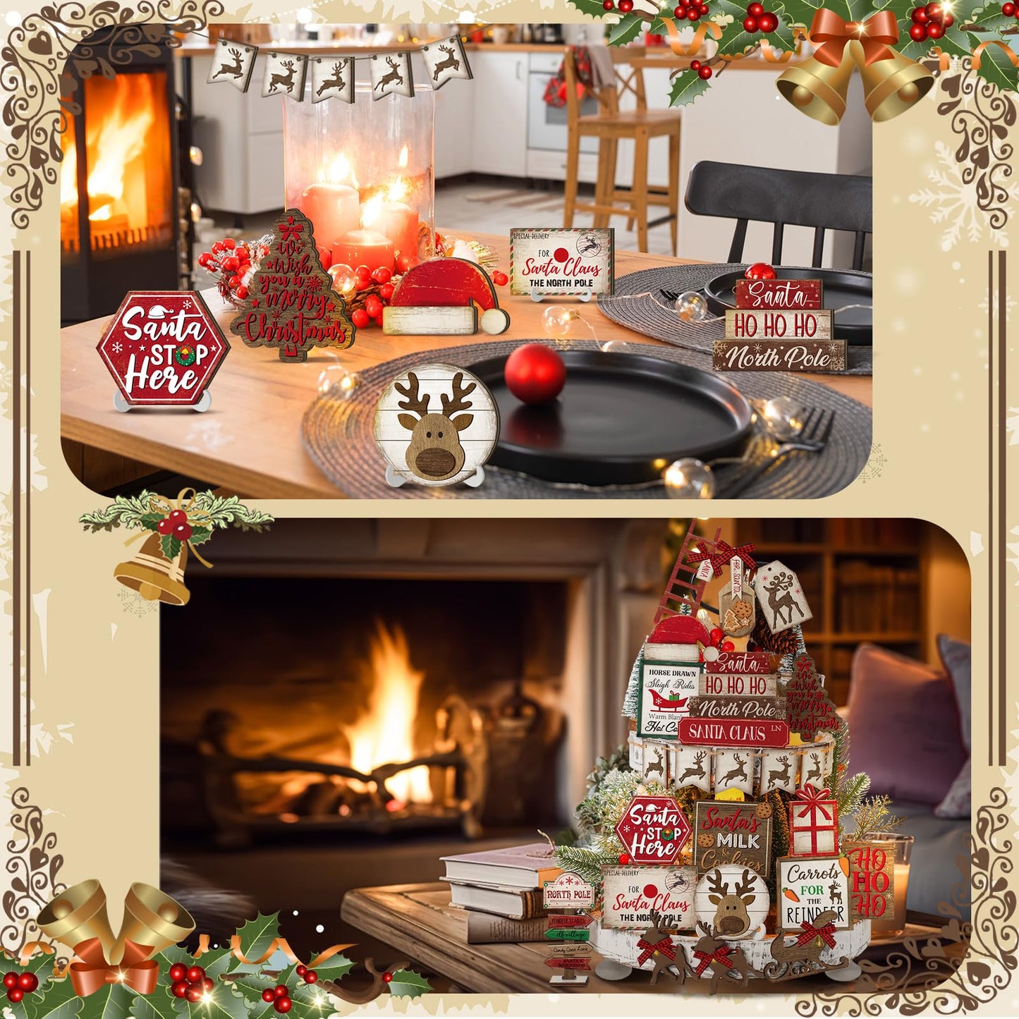 CroBlissful 23 Pcs Christmas Winter Tiered Tray Decor Snowman Farmhouse Decor Winter Tiered Table Centerpieces Wood Blocks Signs for Home Shelf, Without Tray(Red,Elk)