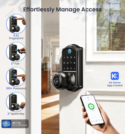 Veise VE018 Smart Knob Handle Lock - Fingerprint, App Control, Keyless Entry for Front Door and Bedroom, Electronic Digital Keypad, Auto Lock, Remote Access Sharing, Easy Installation, Matte Black
