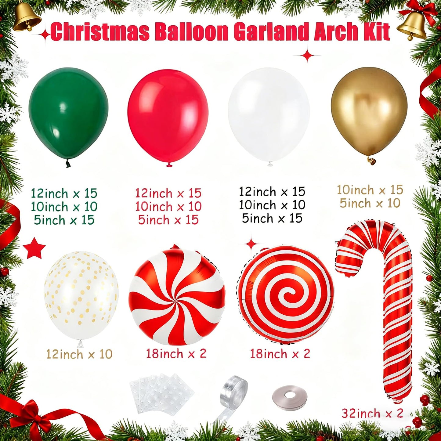 Christmas Balloon Garland Arch Kit, Red Green White Gold Balloons with Large Candy Cane Swirl Mylar Star Foil Balloons for Holiday Xmas Party Decorations