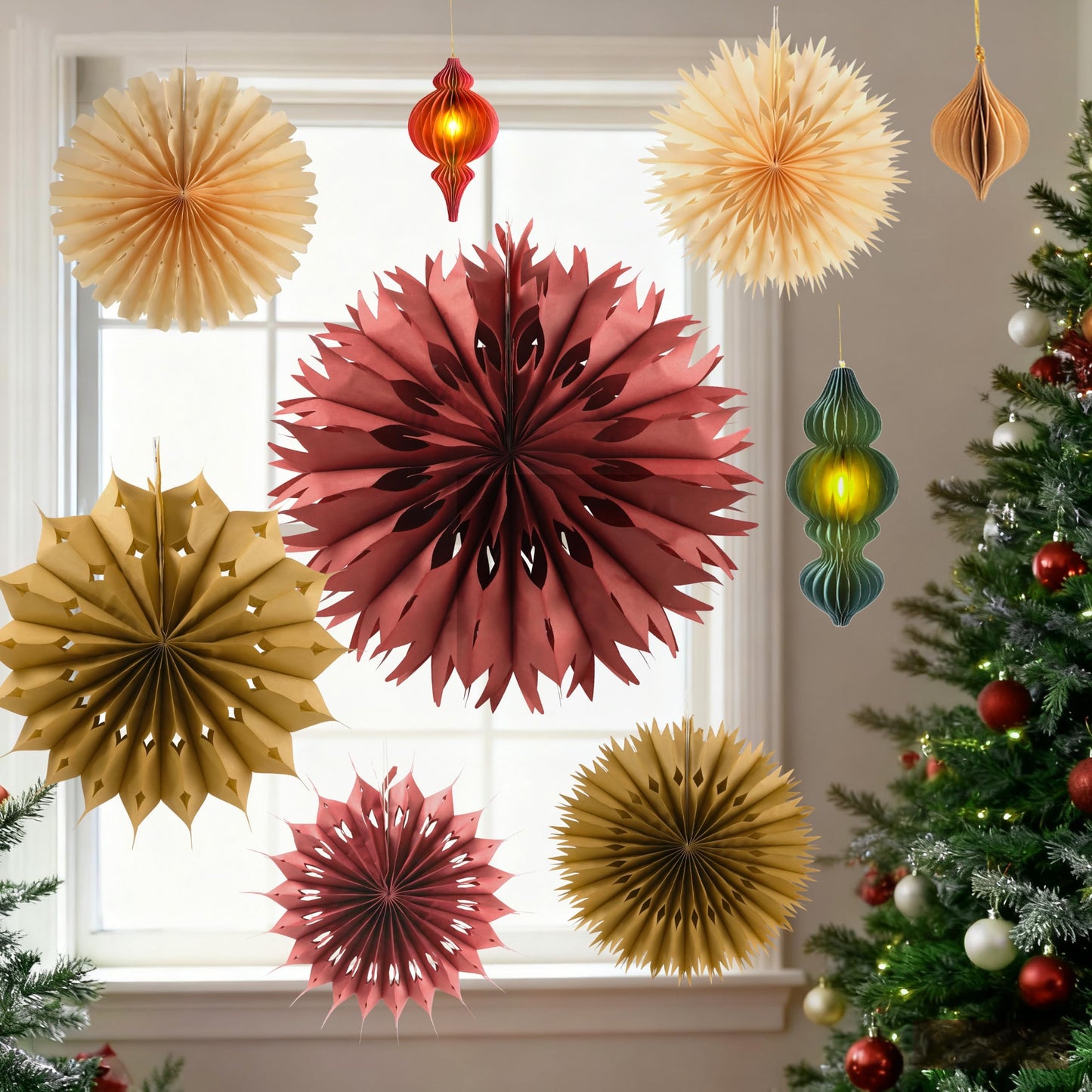 Christmas Hanging Decorations Set, 3D Paper Star Lanterns with Lights Paper Honeycomb Ornaments Snowflake Fans Decorative Hanging Ornamnets for Xmas Tree Frozen Winter Wonderland Holiday Party Decor