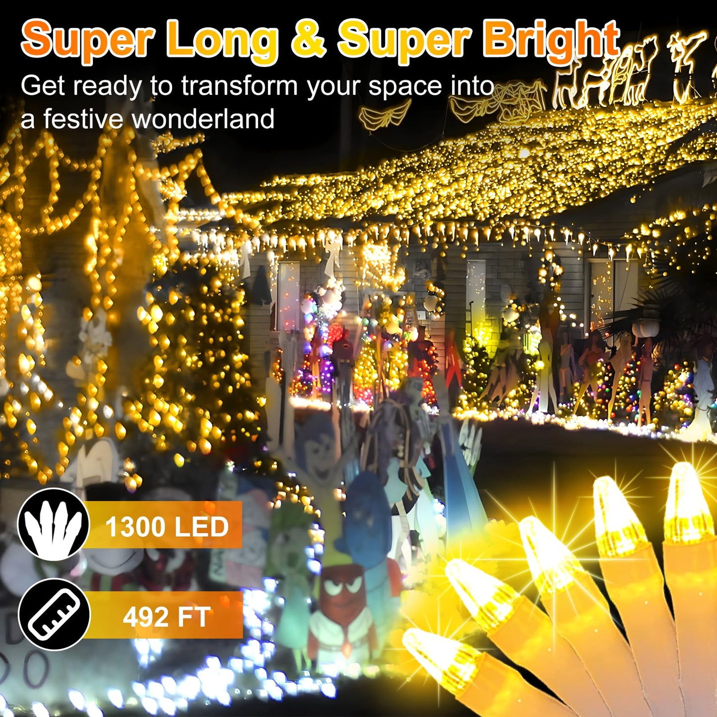 492FT Outdoor Christmas Lights, 1300 LED Super Long String Lights 8 Lighting Modes & Timer Memory, Outsite Waterproof Light Strings for House Tree Garden Wedding Party Holiday Decorations Warm White