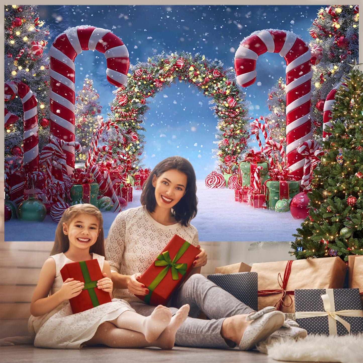 Mocsicka Christmas Candy Cane Photography Backdrop Winter Candyland Christmas Eve Party Decorations Background Christmas Tree Garland Photo Prop Supplies (10x8ft)