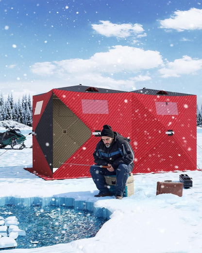 FinerFurnis Insulated Pop-Up Ice Fishing Tent for 6-8 Persons – Portable Winter Shelter – Windproof & Warm – Zippered Door, Anchors, Carry Bag – Large Size for Group Ice Fishing