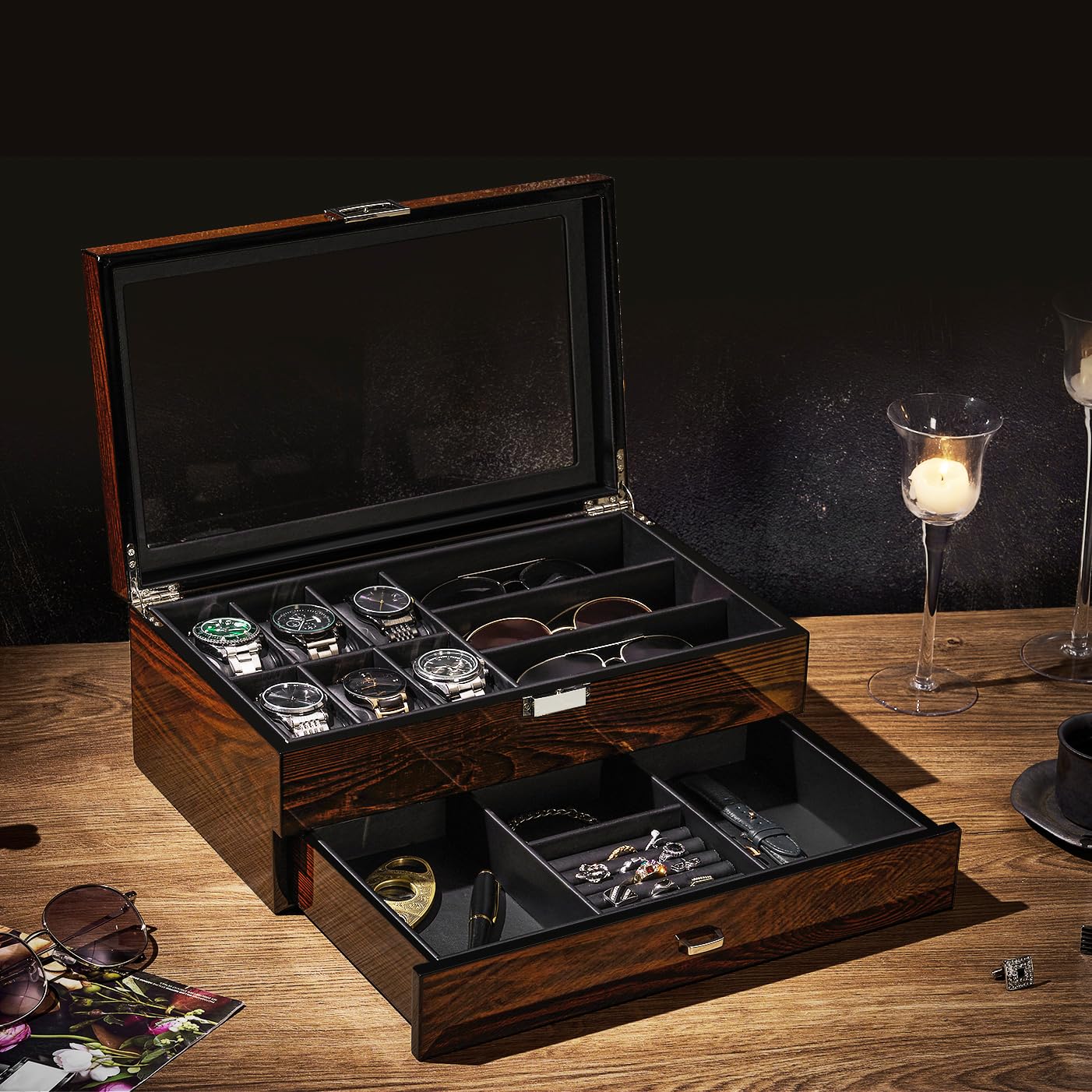BEWISHOME Men's Wooden Jewelry Box Organizer, 6 Watch and 3 Sunglasses Organizer for Men, Wood Watch Display Case with Glass Lid and PU Leather Interior