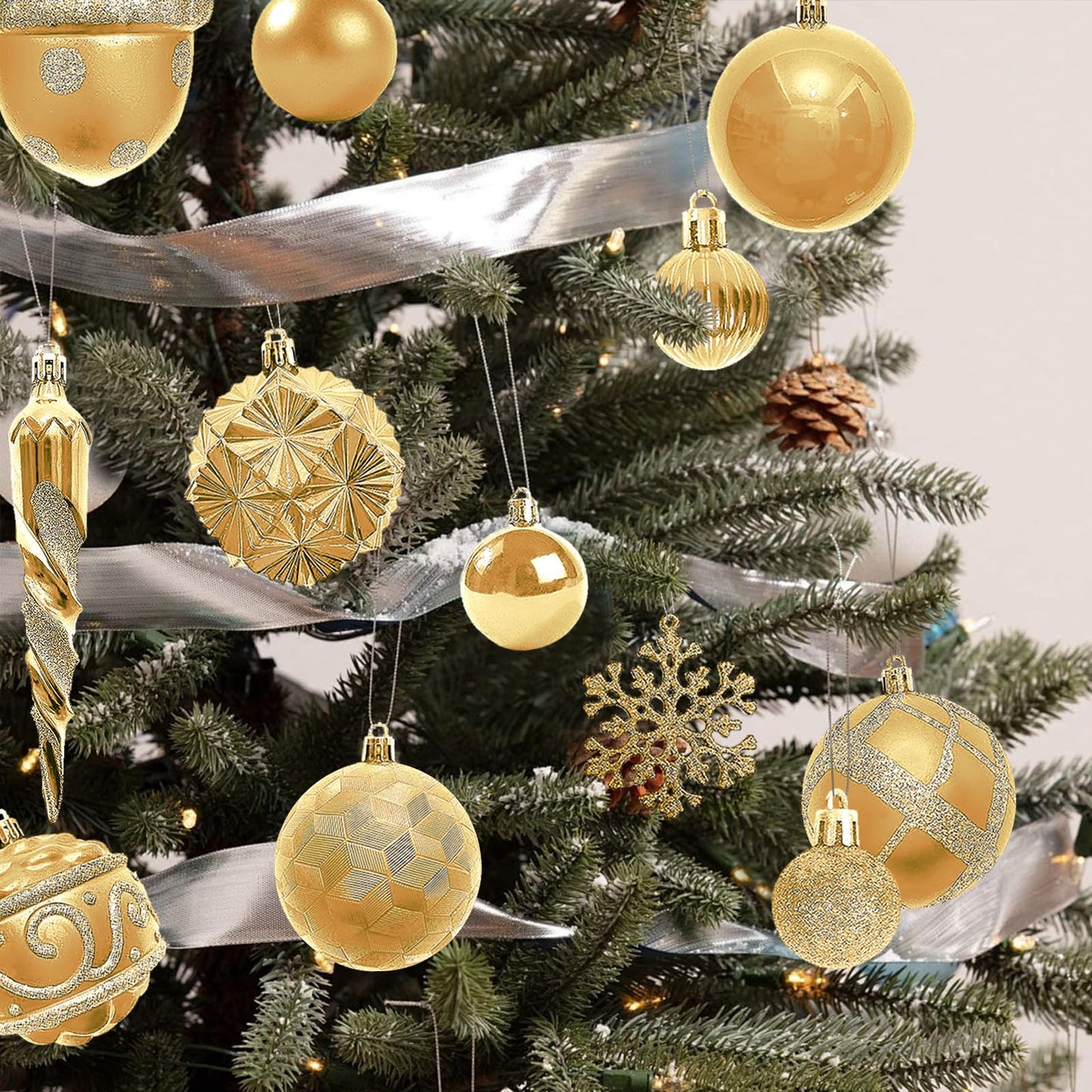 Napzy 62 Count Shatterproof Christmas Ball Ornaments Set, Golden Christmas Tree Decorations for Xmas Holiday Party Decor, Wreath and Garland Hanging Balls