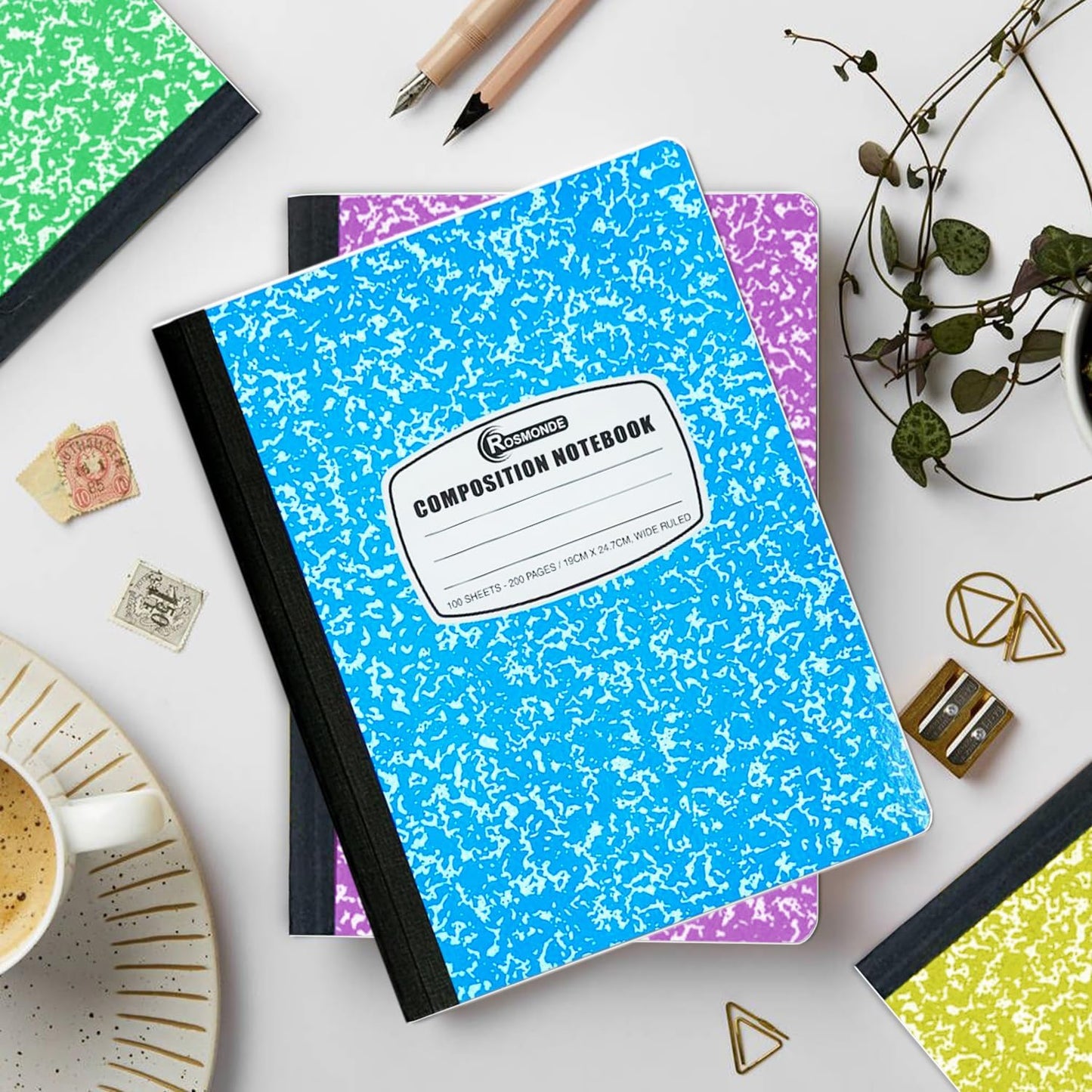 Rosmonde 5 Pack Composition Notebook Wide Ruled, 200 Pages (100 Sheets), 9-3/4x7-1/2, Notebooks for Work, Back to School Supplies, Hard Cover Composition Books, Notebooks for Women, Colors May Repeat