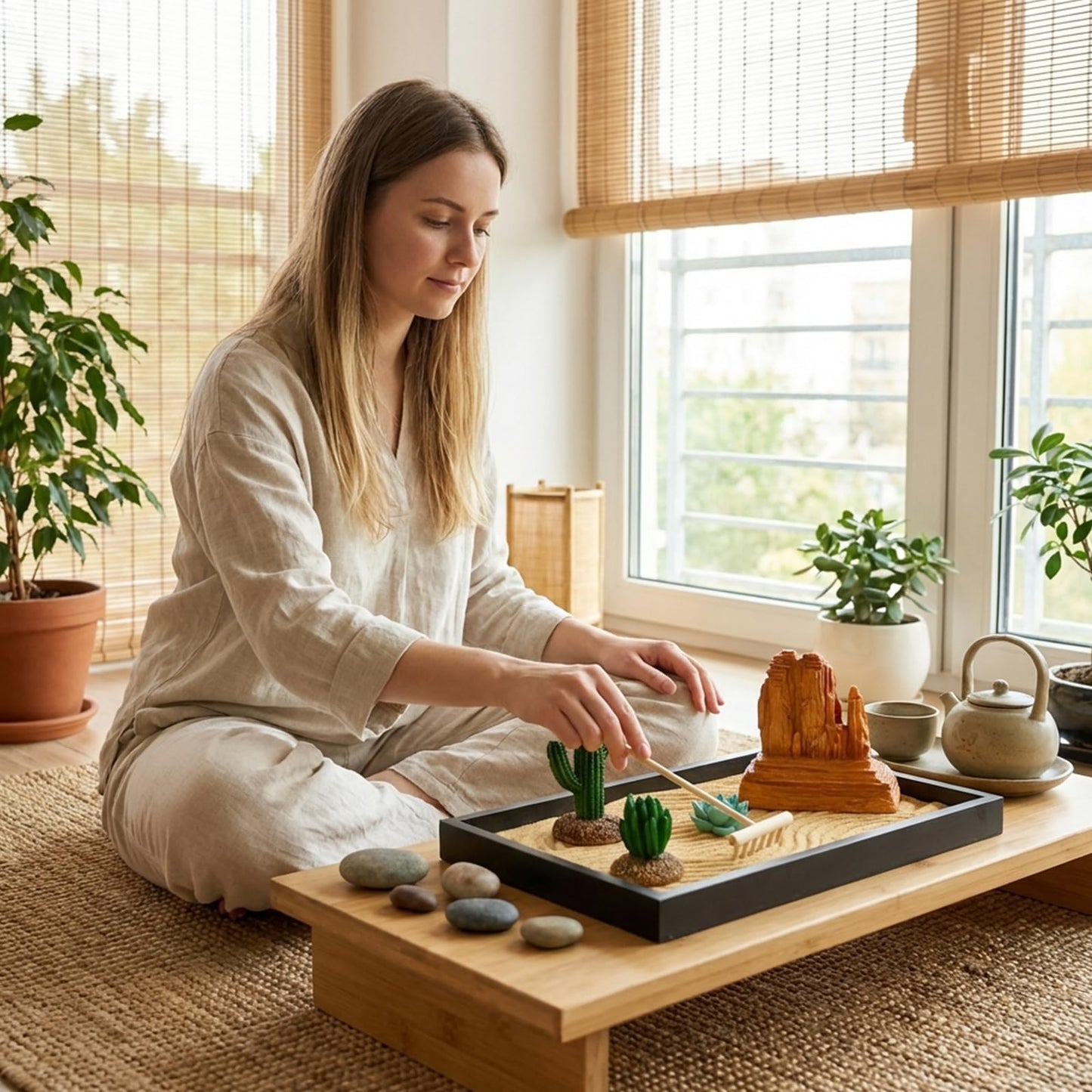 Desert Zen Garden Kit for Desk,12.6x8.6in Premium Sand Tray with 4 Artificial Features, Brown Sands, 3 Wood Tools，Mini Southwestern Desert Decor Zen Sand Garden Set for Home, Office Desk
