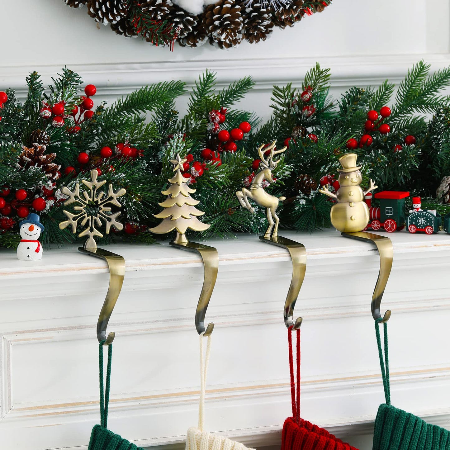 NIGHT-GRING Christmas Stocking Holder - Set of 4 Stocking Hangers Snowman Santa Snowflakes Christmas Tree Deer Stocking Hooks for Fireplace, Shelf, Staircases