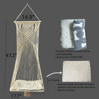 Sdjazl Macrame Hanging Cat Hammock Bed Cat Swing House Space Saving Window Perch with Washed Cotton Cats Toy Tassel Basket Tapestry (Beige, Swing Bed+Cushion)