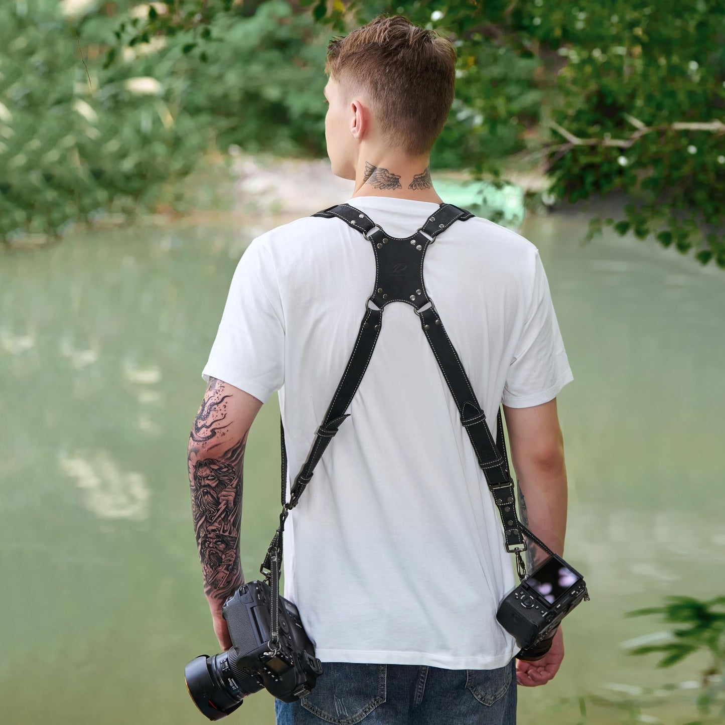 Padwa Lifestyle Black Frosted Dual Camera Harness Strap with Padded for Two Cameras -Full Grain Leather Dual Camera Harness,Multi Camera Gear for DSLR/SLR Strap,Double Camera Harness for Photographers
