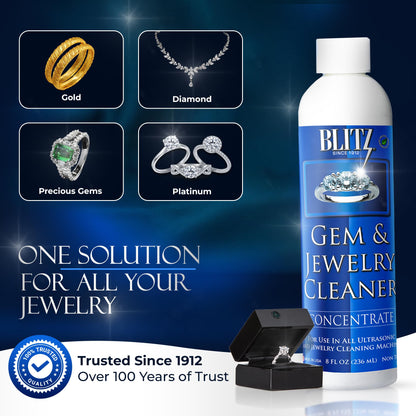 Blitz Gem & Jewelry Cleaner Liquid Concentrate for Gold, Silver, & Platinum Jewelry Cleans Non-Porous, Precious & Semi-Precious Stones. Non-Toxic, Non-Abrasive, & Planet Friendly Made in USA 8oz