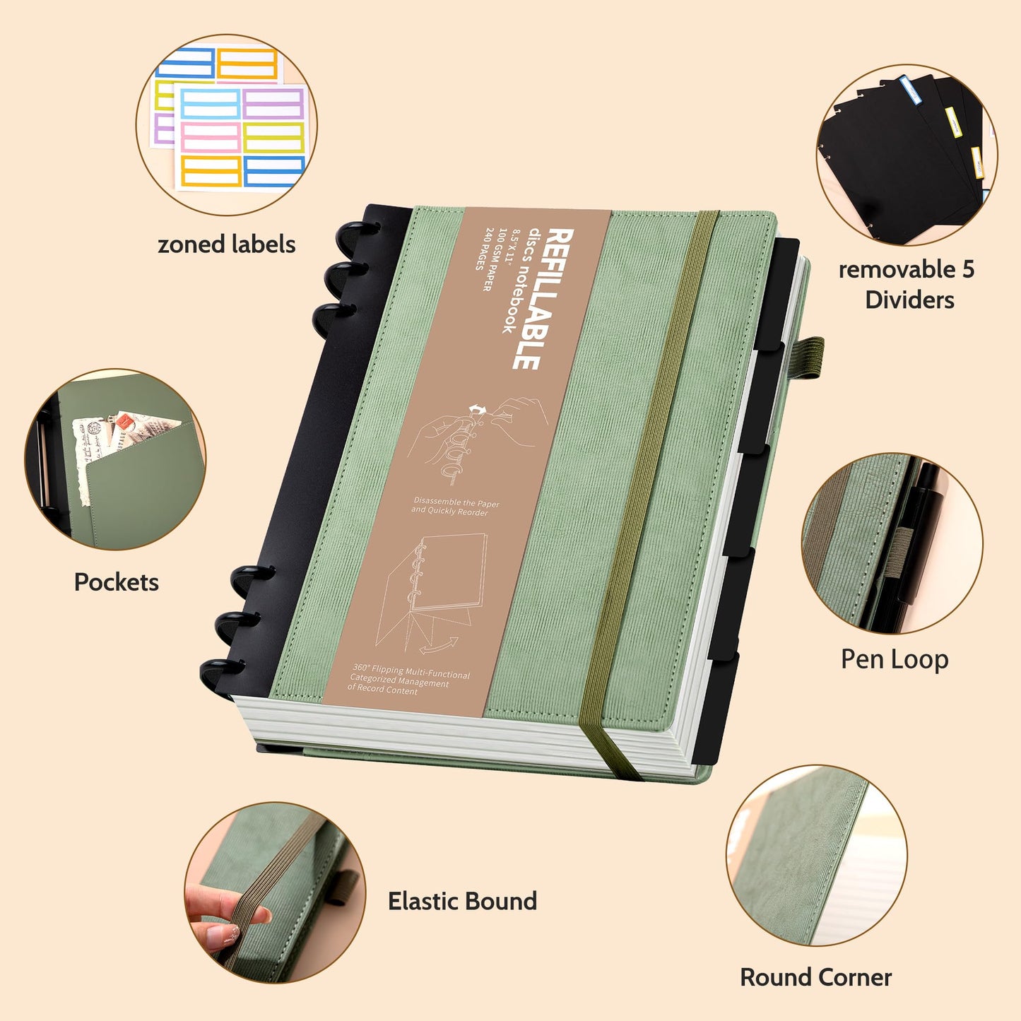 Yoment Refillable Notebooks for Work 5 Subject with Removable Dividers Tabs 240 Pages Hardcover Leather Journals for Writing Large Discbound Planner Colleged Ruled Paper for Women Men 8.58 x 11,Green