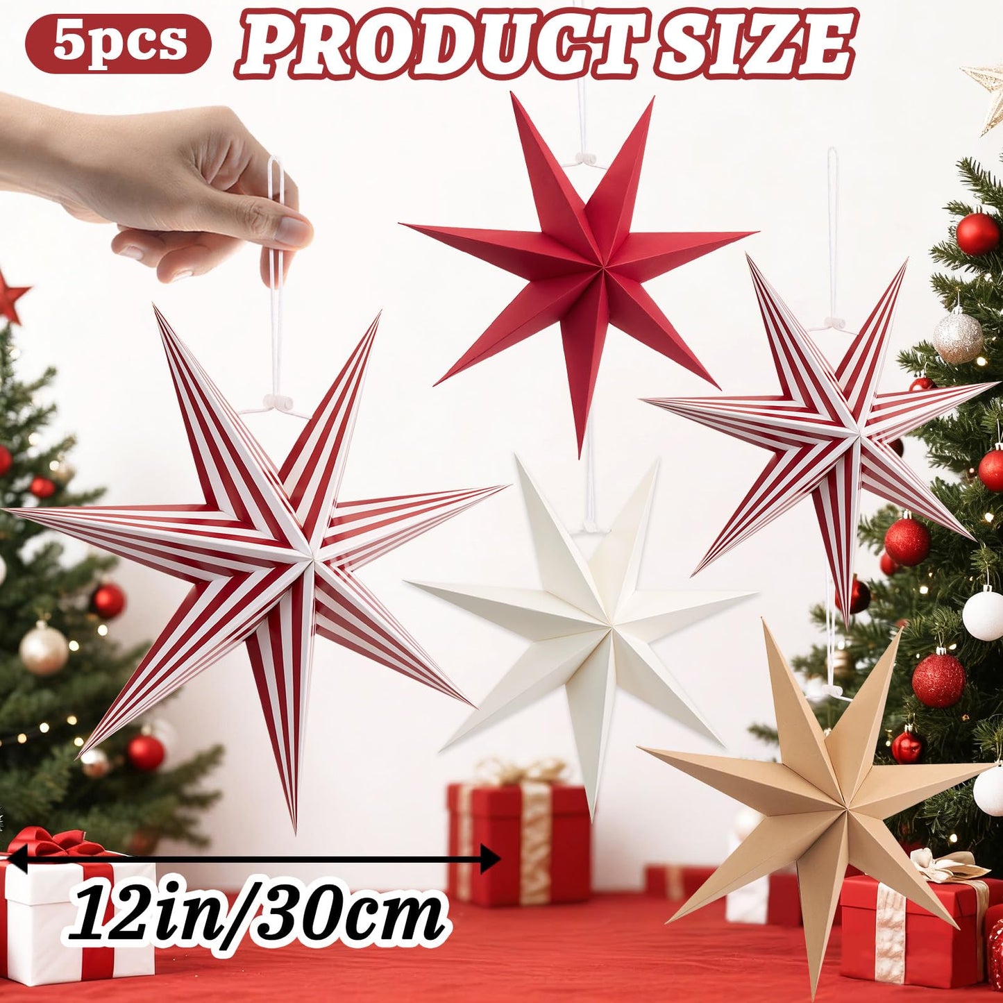 5 Pcs 7-Pointed Paper Star Lanterns 12 Inch Red and White Christmas Hanging Stars 3D Paper Star Ornaments Foldable for Wedding Birthday Xmas Home Party Decor