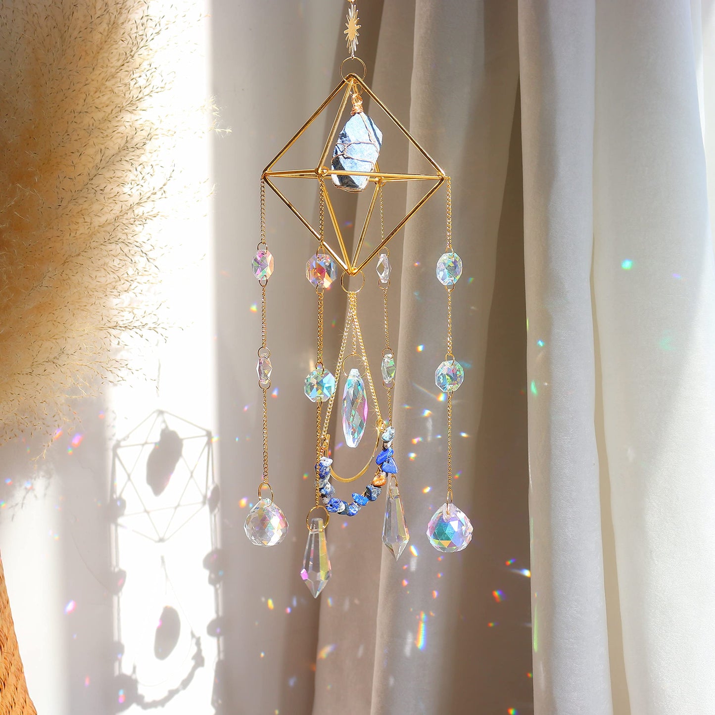 Lapis Lazuli Crystal Suncatcher-Window Hanging Garden Suncatcher Healing Blue Crystal Rainbow Maker Handmade Indoor Outdoor Car Charm Garden Decor