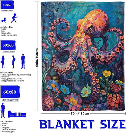 Underwater Octopus Throw Blanket for Boys Girls Kids Adults Women, Fuzzy Warm Soft Cozy Flannel Blankets Gifts for Bedroom, Couch, Travel, Home Decor 40x50 in