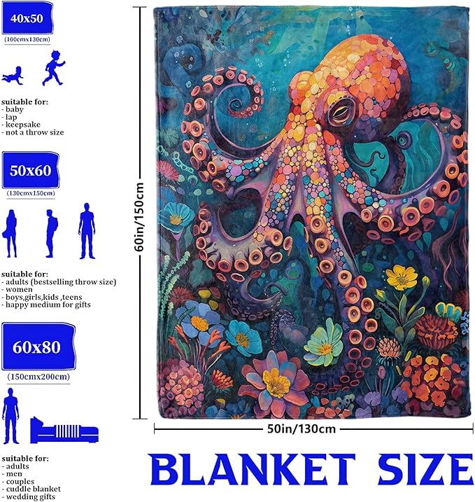 Underwater Octopus Throw Blanket for Boys Girls Kids Adults Women, Fuzzy Warm Soft Cozy Flannel Blankets Gifts for Bedroom, Couch, Travel, Home Decor 50x60 in