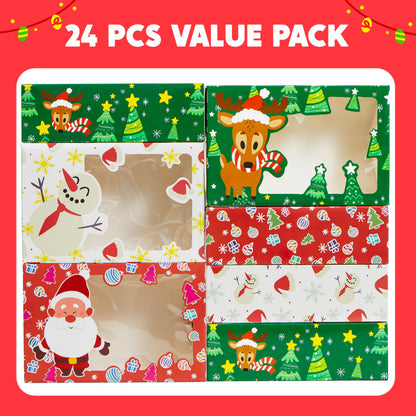JOYIN 24 PCS Christmas Foil Treats Cookie Gift Boxes (8.75" x 5.75" x 2.75") Colorful Pattern Bakery Box with Window for Xmas Holiday Birthday Party Pastries, Cupcakes, Brownies, Donuts Gift-Giving